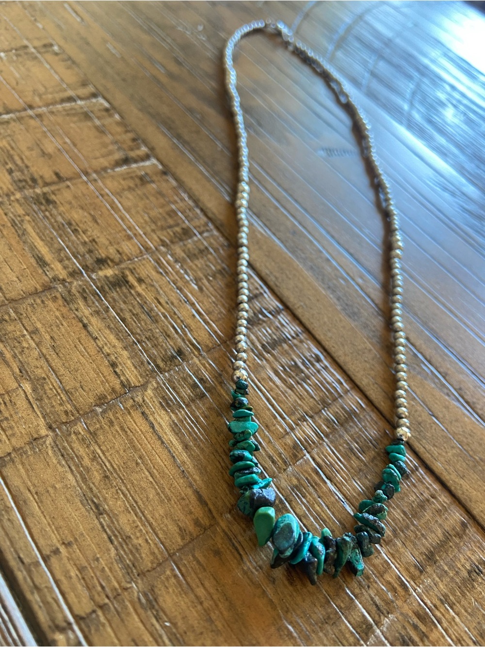Real Turquoise Chip & Stainless Steel Necklace - Navajo Pearl Style